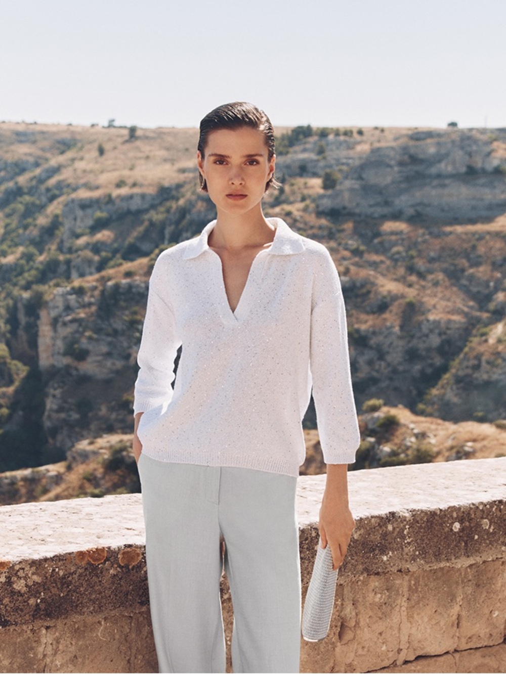 Amina Rubinacci Minimalist Linen Elastane Lightweight Texture V-Neck Sheer Small